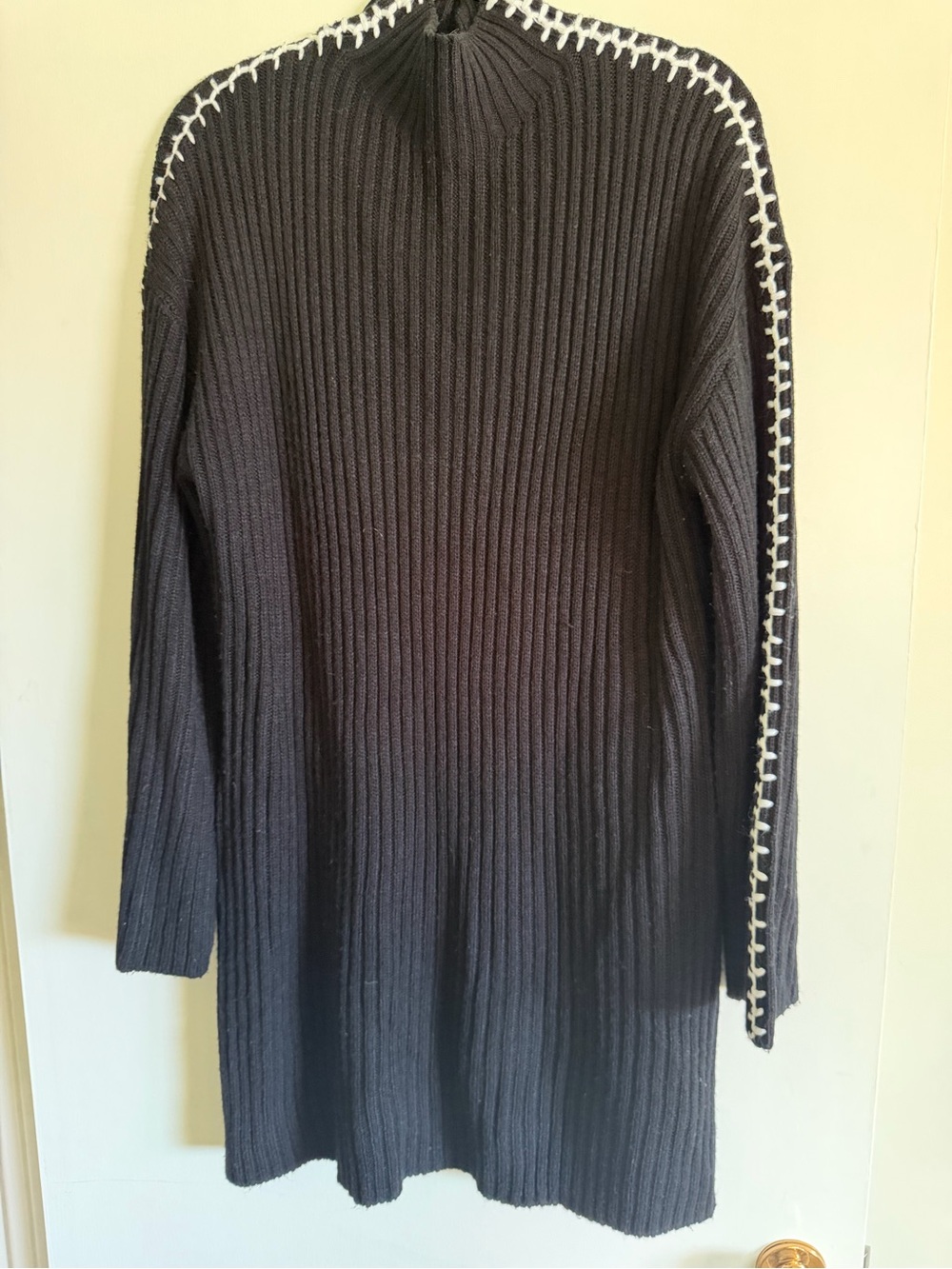 Derek Heart Black Ribbed Cowl Sweater with White Stitch Trim